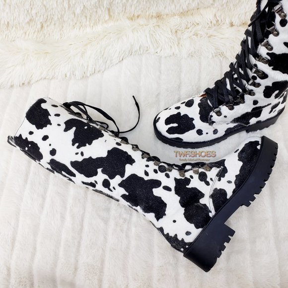 Savage Cow Combat Lace Up Knee Boots Faux Cow Print Brand New - Picture 7 of 17